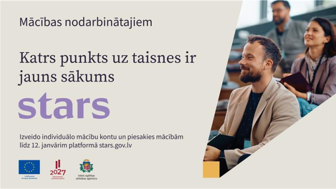 Platforma stars.gov.lv aicina pieaugušos pieteikties mācībām līdz 12.01.