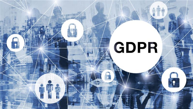 GDPR lieli burti fonā tīkla līnijas ar dažādām ikonām