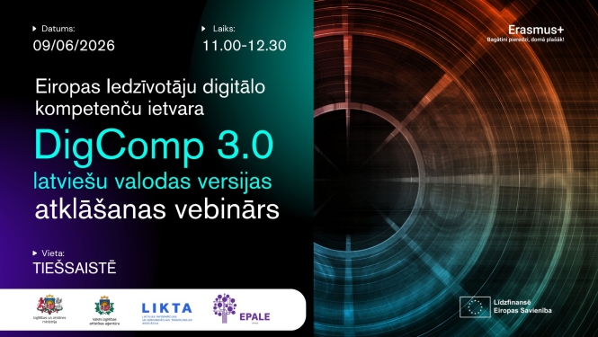 DigComp 3.0 vebinars pedagogiem informatīvais plakāts