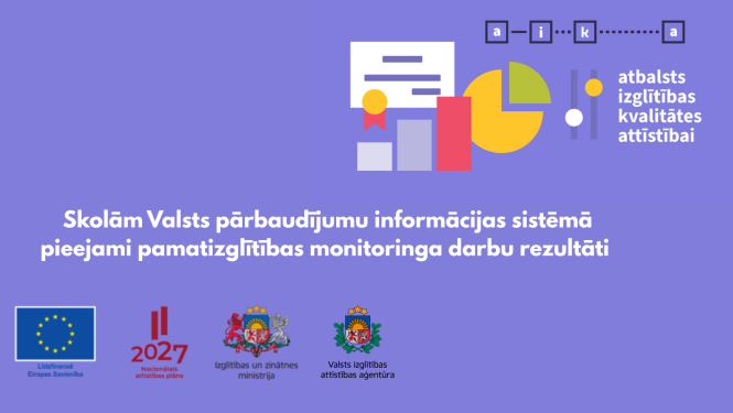 Skolām pieejami pamatizglītības monitoringa darbu rezultāti. Projekts "Atbalsts izglītības kvalitātes attīstībai". Līdzfinansē Eiropas Savienība, Nacionālais attīstības plāna, Izglītības un zinātnes ministrijas, Valsts izglītības attīstības aģentūras logo