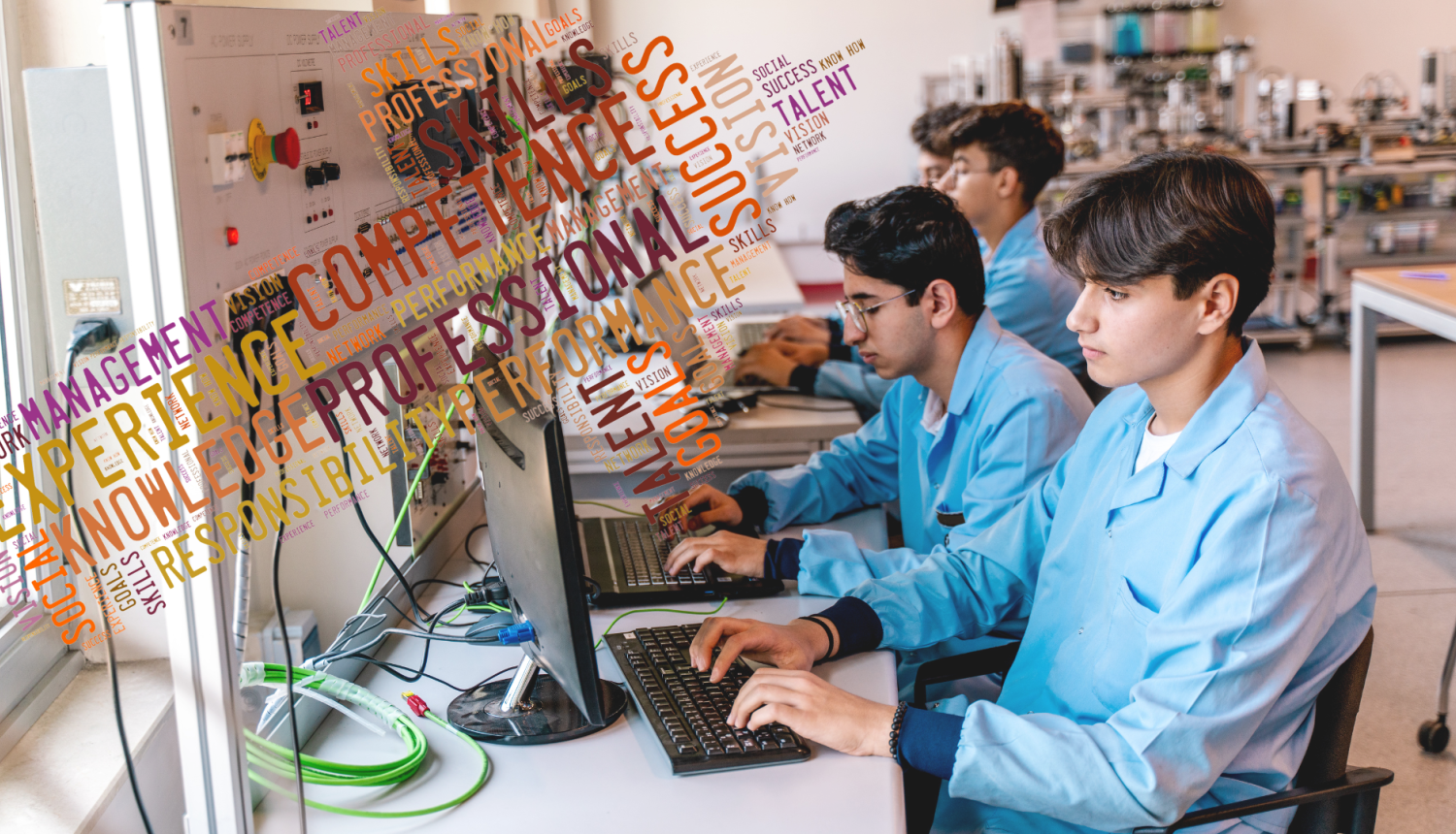 attēlā studenti zilos halātos sēž pie datoriem labaratorijas klasē