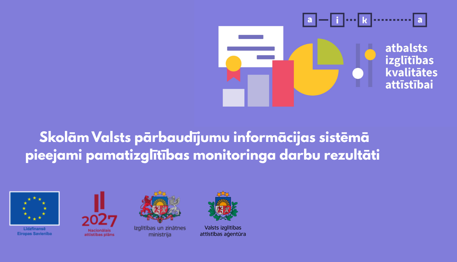 Skolām pieejami pamatizglītības monitoringa darbu rezultāti. Projekts "Atbalsts izglītības kvalitātes attīstībai". Līdzfinansē Eiropas Savienība, Nacionālais attīstības plāna, Izglītības un zinātnes ministrijas, Valsts izglītības attīstības aģentūras logo