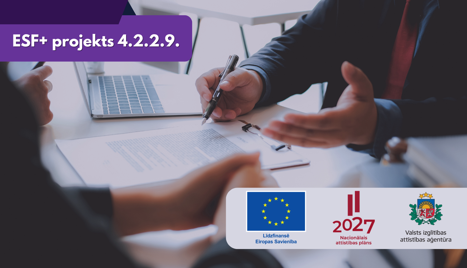 ESF+ projekts 4.2.2.9. Līdzfinansē Eiropas Savienība, Nacionālais attīstības plāns, Valsts izglītības attīstības aģentūras logo