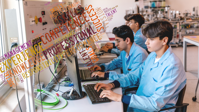 attēlā studenti zilos halātos sēž pie datoriem labaratorijas klasē