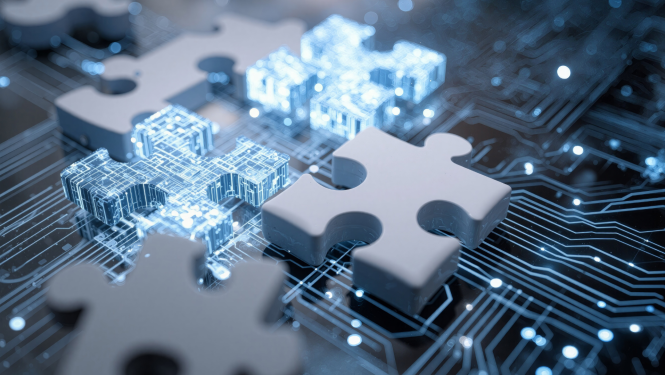 balti puzles gabaliņi, zem tiem tīkla līnijas gaiši zilā krāsā