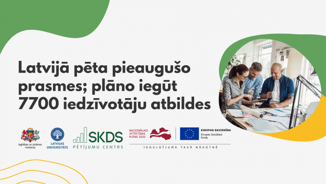 OECD pētījuma plakāts ar tekstu Latvijā pēta pieaugušo prasmes