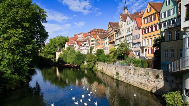 skats uz Vācijas pilsētu priekšplānā upe ar pīlēm