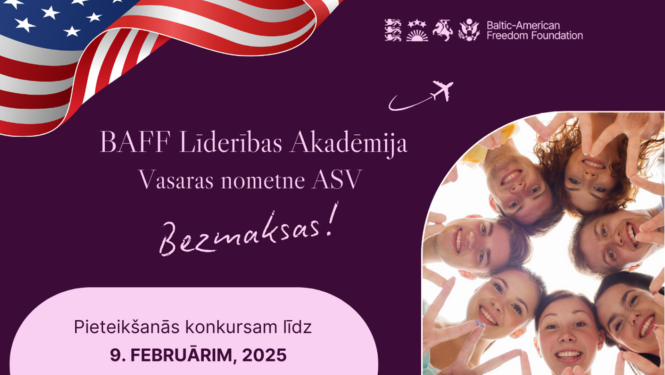 BAFF vizuālis ar tekstu, ASV karogu un smaidīgiem jauniešiem, kas skatās uz leju