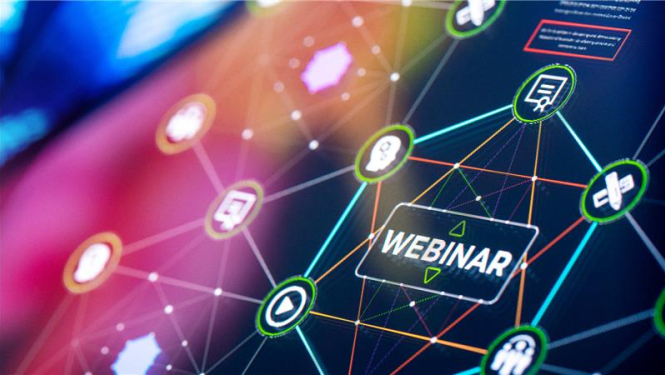 attēlots digitāls tīkls ar dažādām ikonām, pa visu lieliem buirtiem rakstīts WEBINAR