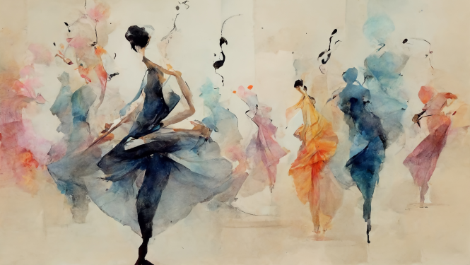 bildē illustrētas ar akvareļu krāsām dejotājas fornā ir uzzīmētas notis