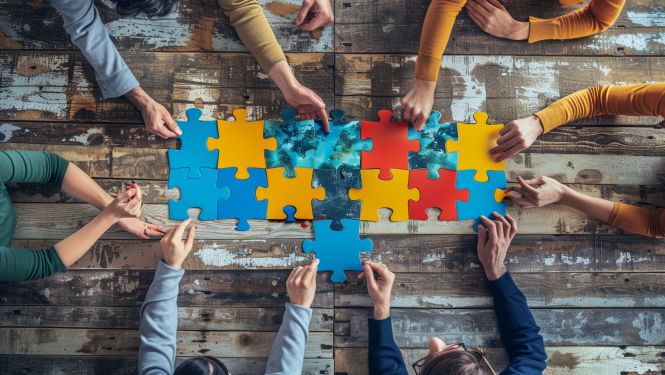 Pie galda pa apli vairāki cilvēki rokās tur puzles gabaliņus un liek tos kopā uz galda