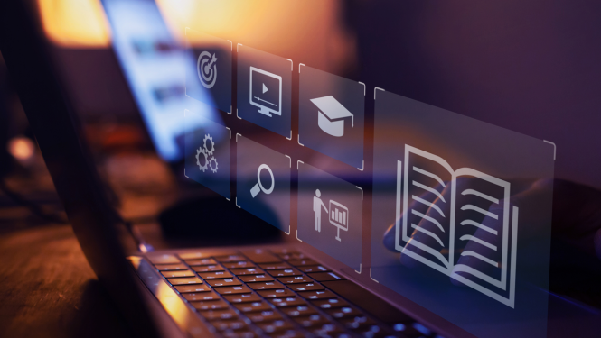 Atvērts portatīvais dators virs klaviaratūras stilizēti skārienjūtīgi attēli kā caurspīdīgi ekrāni