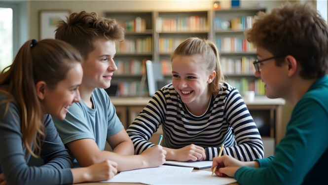 četri skolēni sēž pie galda bibliotēkā