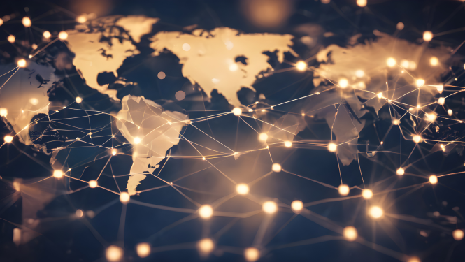 Pasaules karte, tīklošanās punkti, kas savienoti savstarpēji