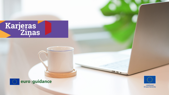 bildē uz galda stāv atvērts portatīvais dators blakus krūze, virsū ir rakstīts Karjeras ziņas, Euroguidance logo