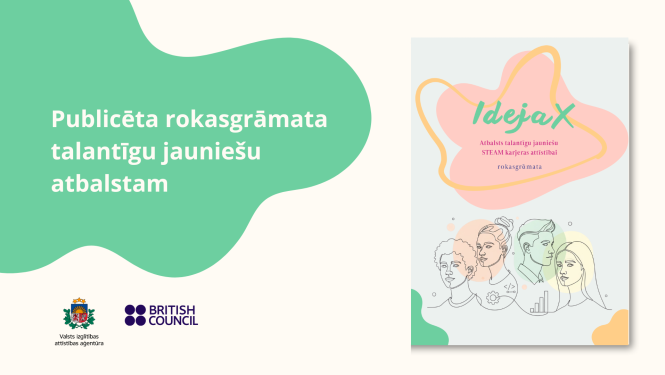 Attēlā rokasgrāmatas  Ideja X vāks, attēlā rakstīts Publicēta rokasgrāmata talantīgu jauniešu atbalstam