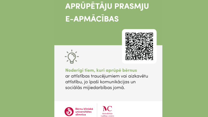 Aprūpētāju prasmju e-apmācības. Bērnu klīniskās universitātes slimnīcas un Metodiskā vadības centra logo
