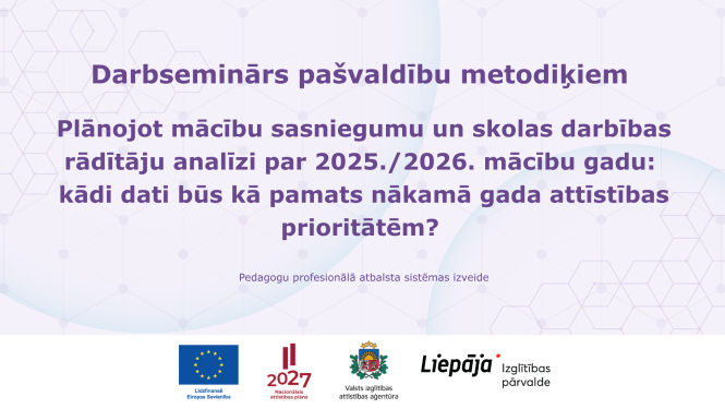 Attēlā rakstīts teksts: Plānojot mācību sasniegumu un skolas darbības rādītāju analīzi par 2025./2026. mācību gadu: kādi dati būs kā pamats nākamā gada attīstības prioritātēm?; apakšā ES, VIAA un Liepājas pilsētas logo