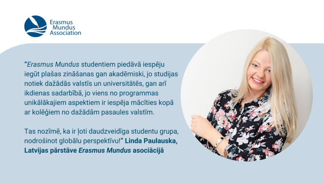 Erasmums Mundus vizuālis ar sievietes attēlu un tekstu