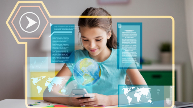 meitene skatās uz globusu apkārt ir digitālās pasaules kartes