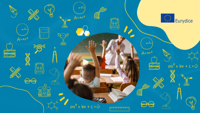 attēls ar bildi no skolas klases ar skolēniem un skolotāju apkārt bildei ir mācību simboli