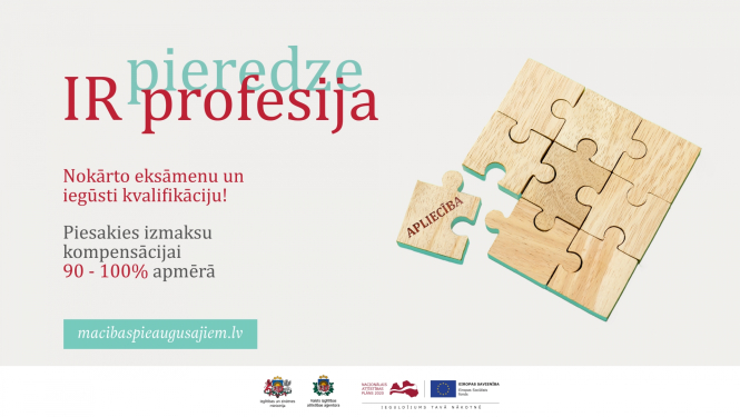 Ir pieredze ir profesija kampaņas pamatvizuālis ar tekstu un puzles gabaliņiem