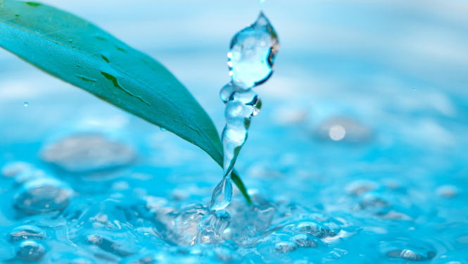 liela ūdens pile pil lielākā ūdens tilpnē blakus ir zaļa lapiņa