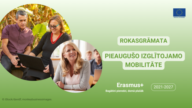 Erasmus+ baneris ar cilvēku attēliem un tekstu