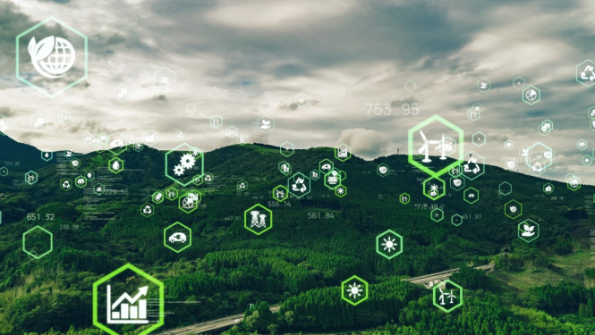 Fona attēlā zaļi kalni, virsū attēlam dažādas ar vidi saistītas ikonas