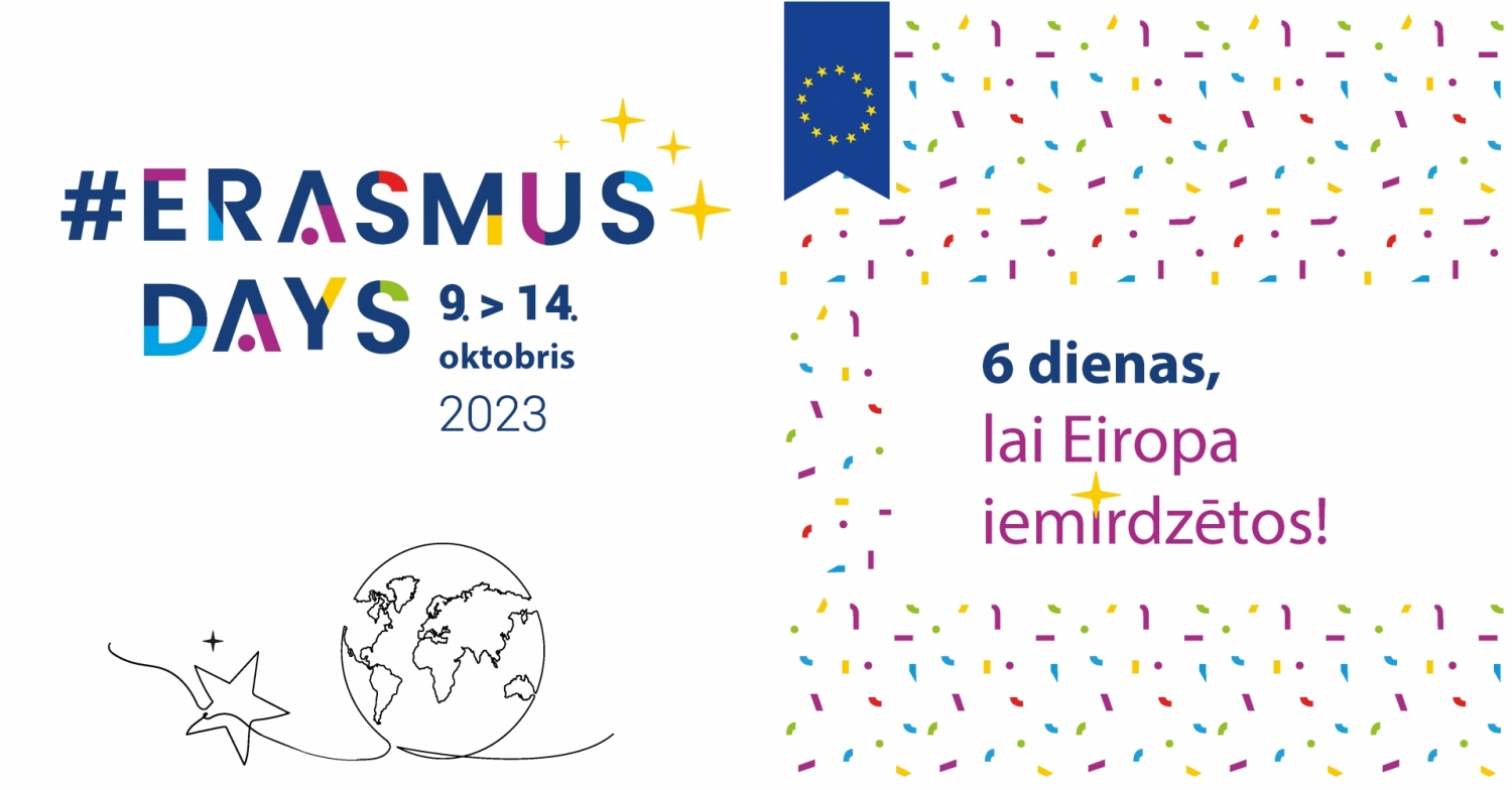 Erasmus dienas 2023 vizuālais plakāts ar tekstu 6 dienas, lai Eiropa iemirdzētos!