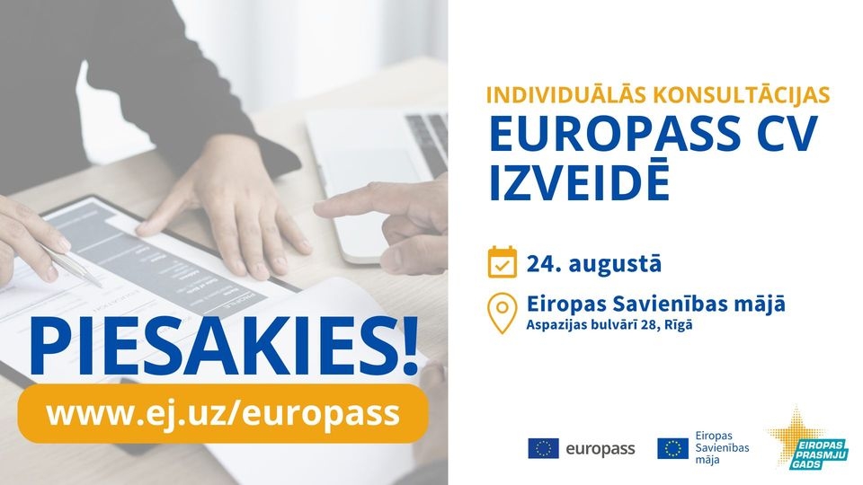 24. augustā ES mājā iespējams saņemt bezmaksas individuālo konsultāciju Europass CV izveidē.