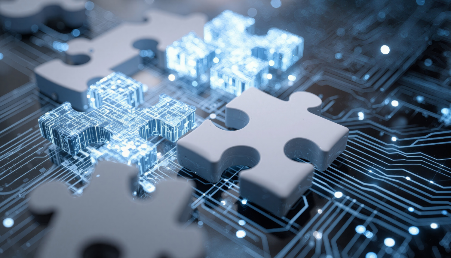 balti puzles gabaliņi, zem tiem tīkla līnijas gaiši zilā krāsā