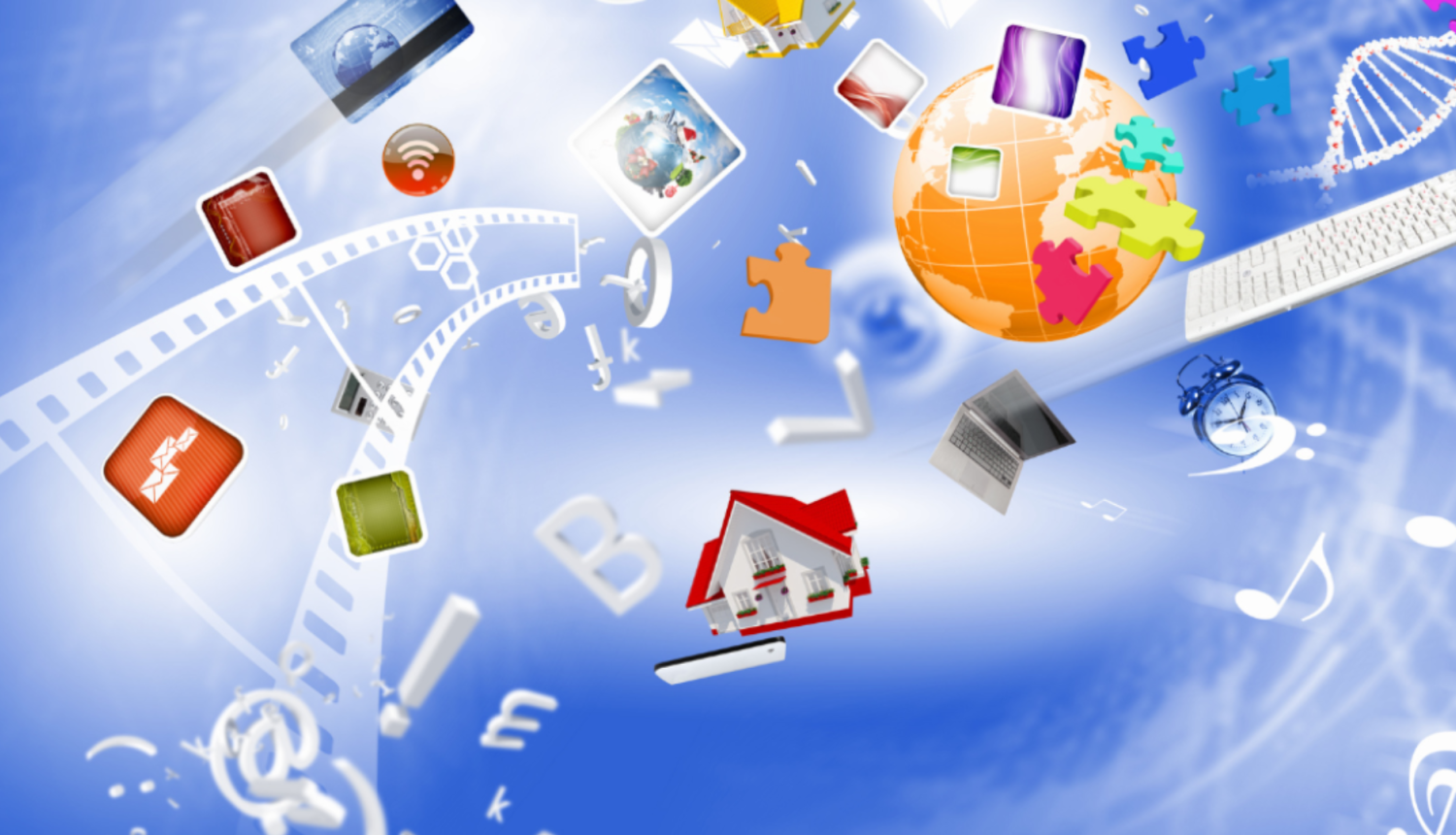 3d objekti uz zila fona