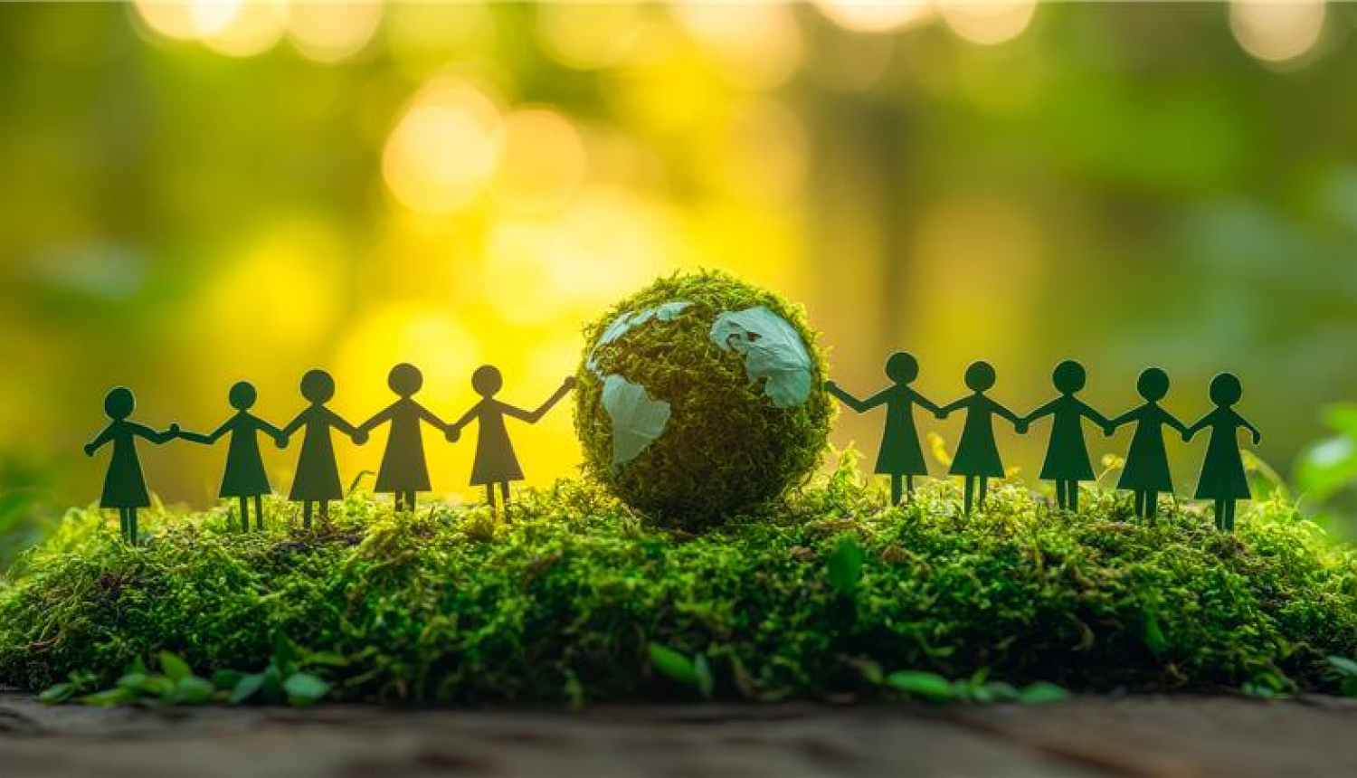 pa visu uz zaļām sūnām stāv maza zemeslode un no labās un kreisās puses ir mazi cilvēciņi, kas turās rokās, fonā zaļa daba