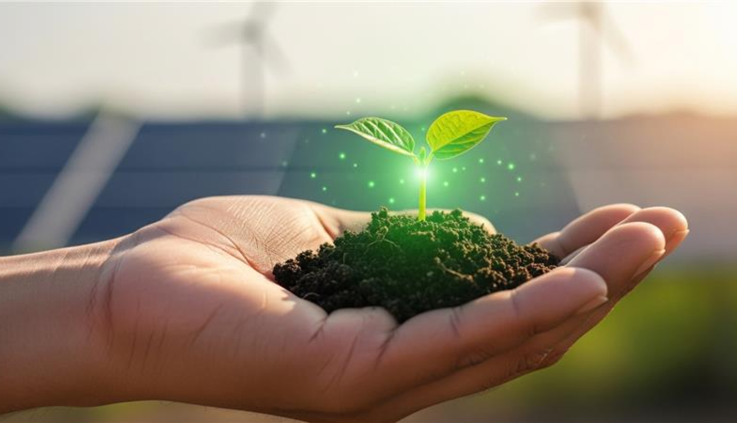 atvērtā plaukstā ir zeme, no kuras aug mazs zaļš stādiņš, fonā ir saules baterijas