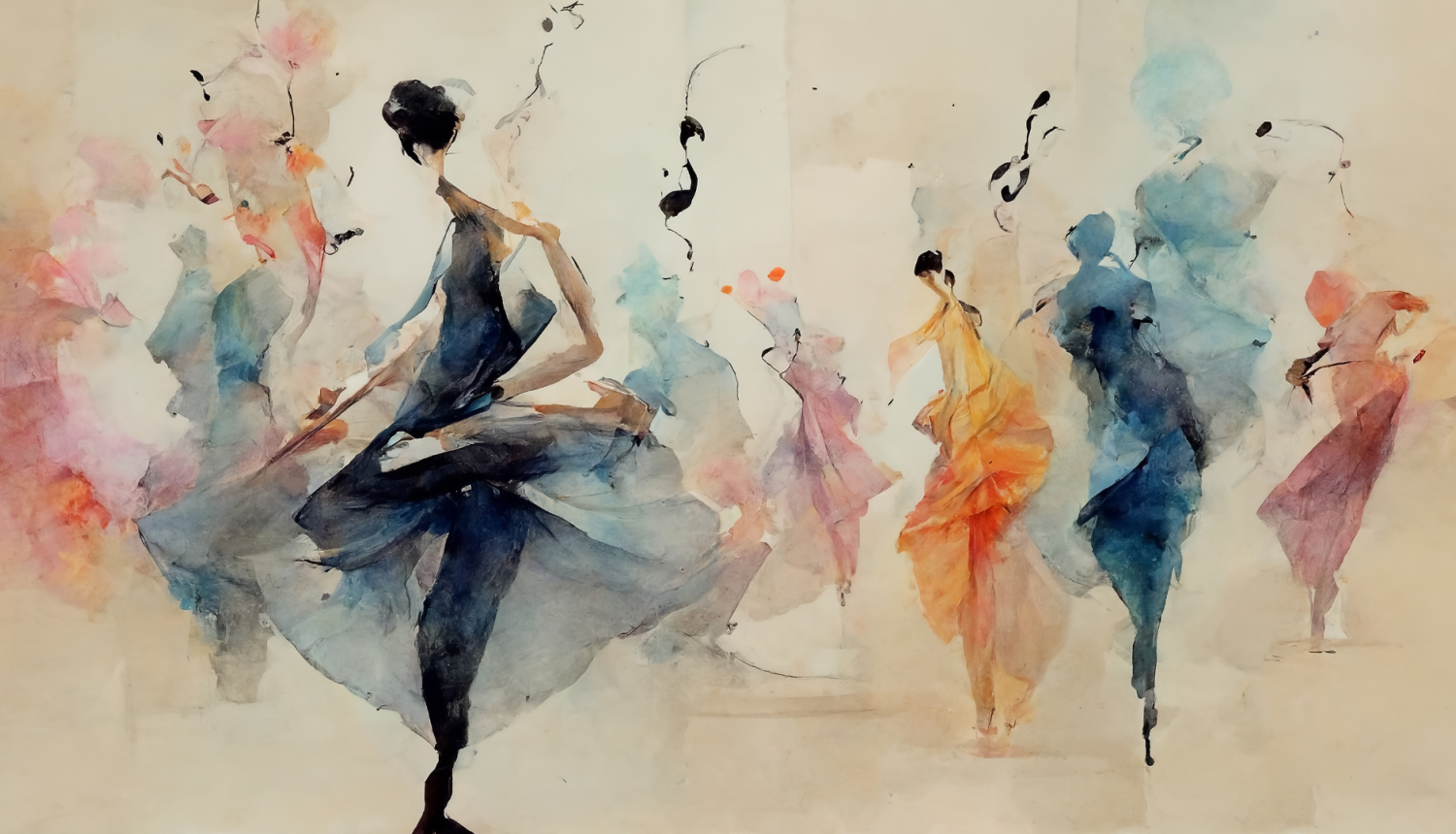 bildē illustrētas ar akvareļu krāsām dejotājas fornā ir uzzīmētas notis