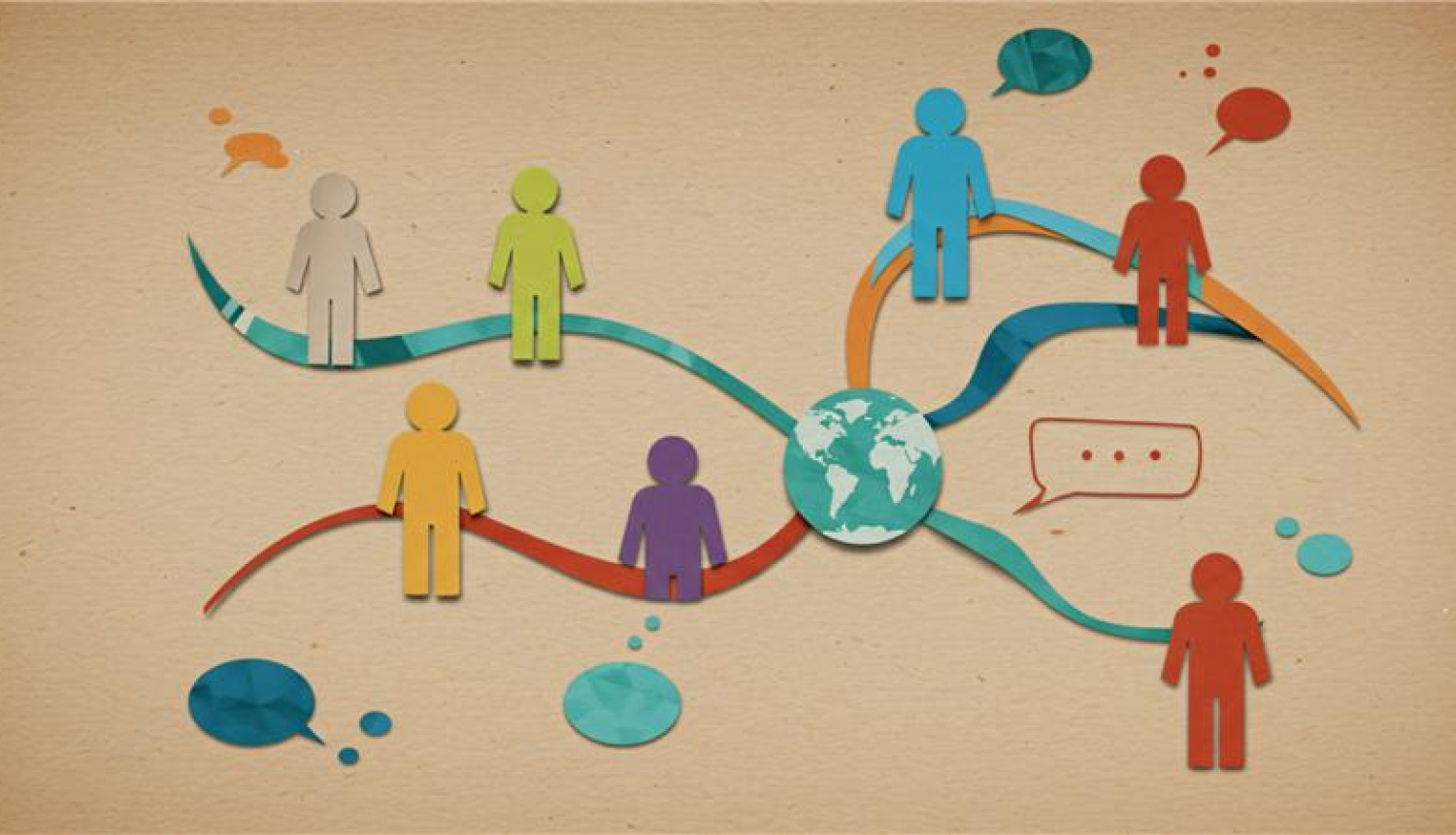 uz neitrāla fona ir krāsainu cilvēciņu figūras, centrā ir uzzīmēts globuss, no kura ir uzzīmētas līnijas, uz līnijām novietoti krāsaini cilvēciņi 