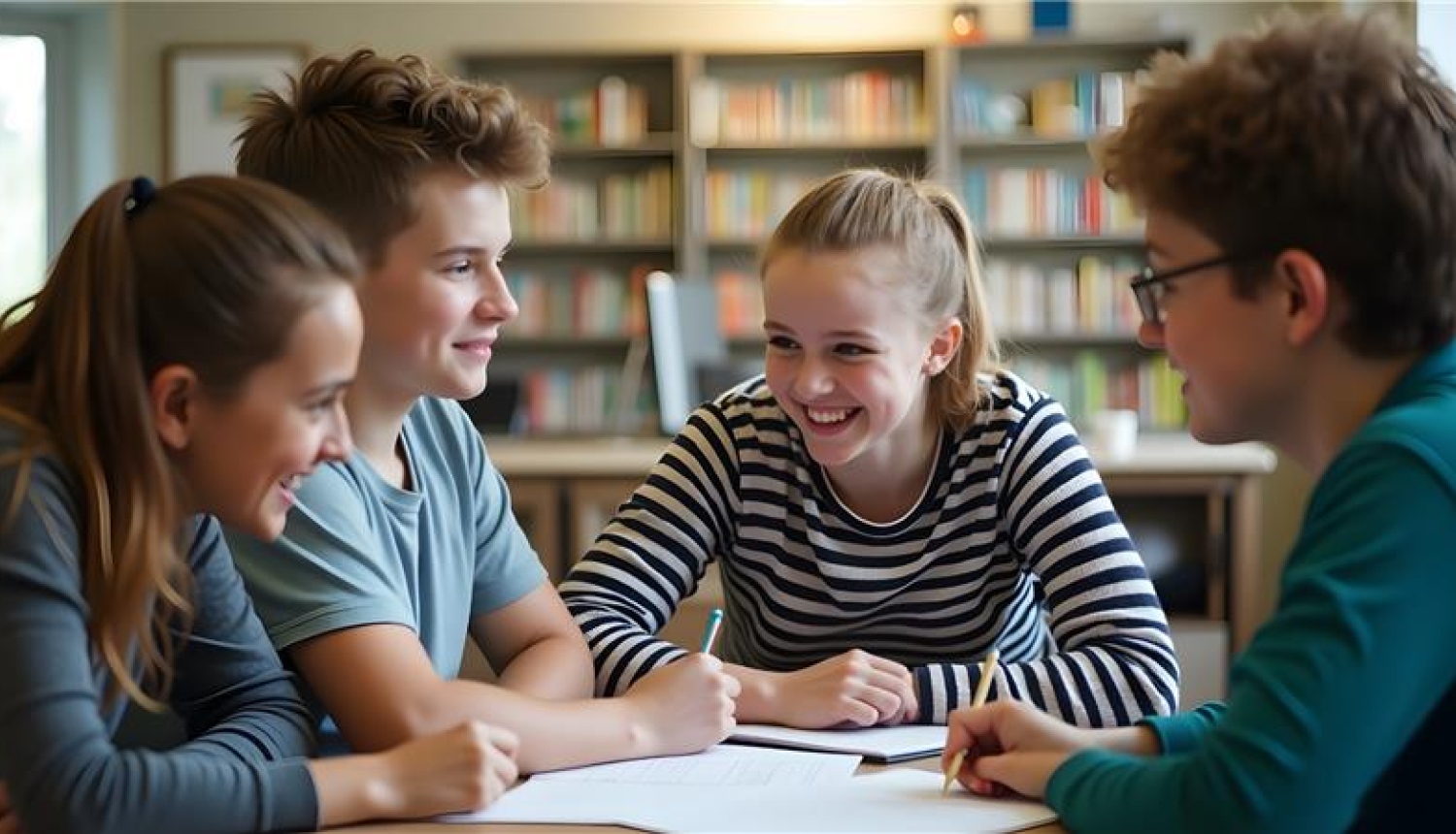 četri skolēni sēž pie galda bibliotēkā