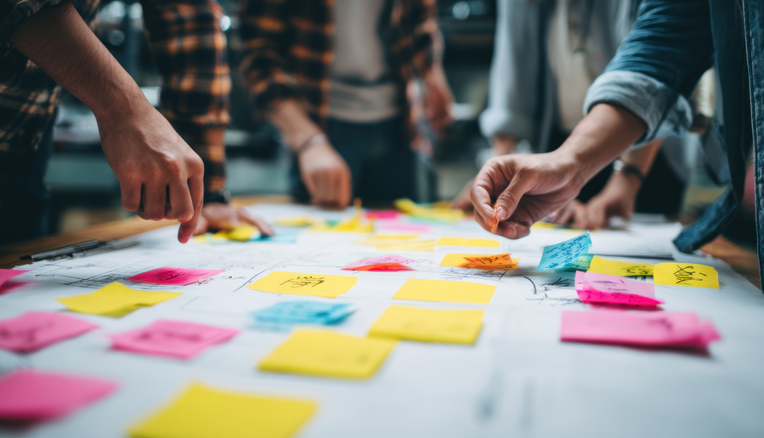 vairāki cilvēki pie galda veido kopīgu projektu, lipina krāsainas lapiņas uz liela papīra