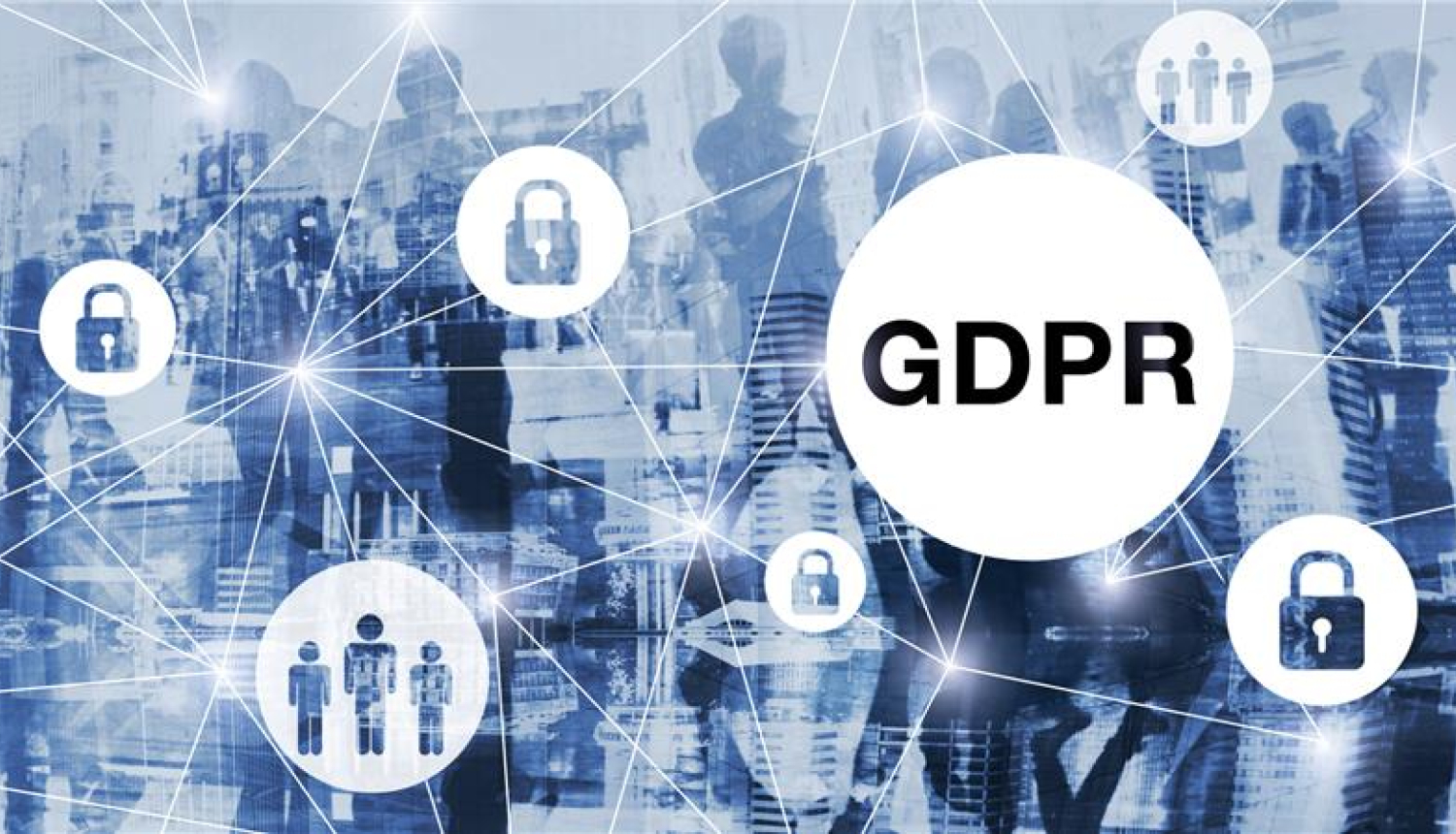 GDPR lieli burti fonā tīkla līnijas ar dažādām ikonām
