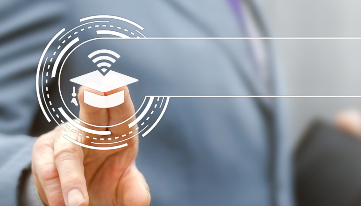 Vizualizācija - ar roku spiež virtuālu pogu uz ekrāna