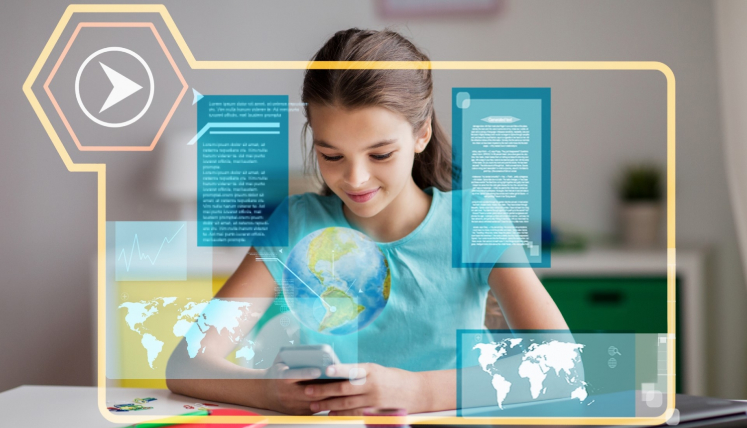 meitene skatās uz globusu apkārt ir digitālās pasaules kartes