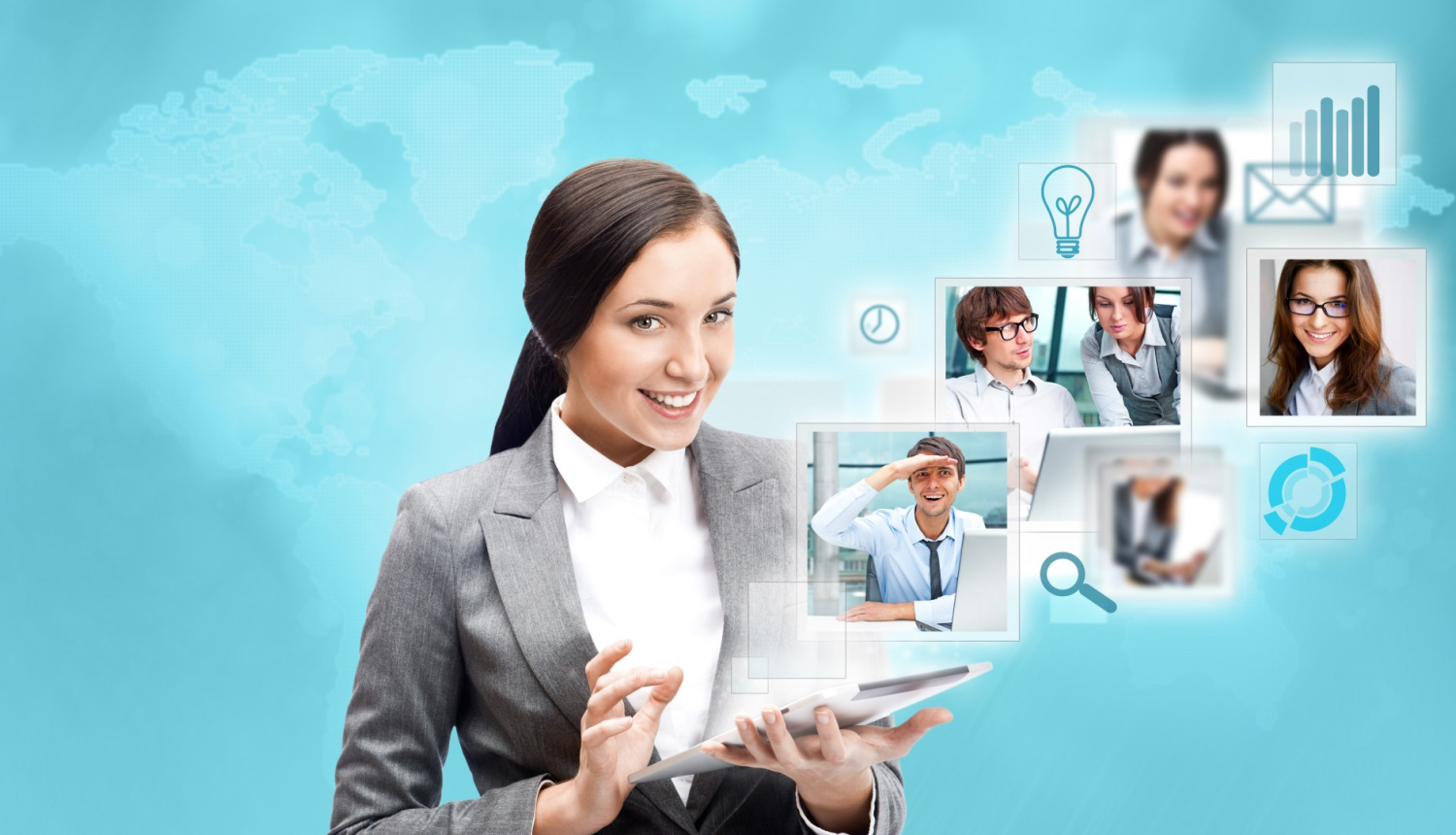 sieviete ar klēpjdatoru rokās fona pasaules karte