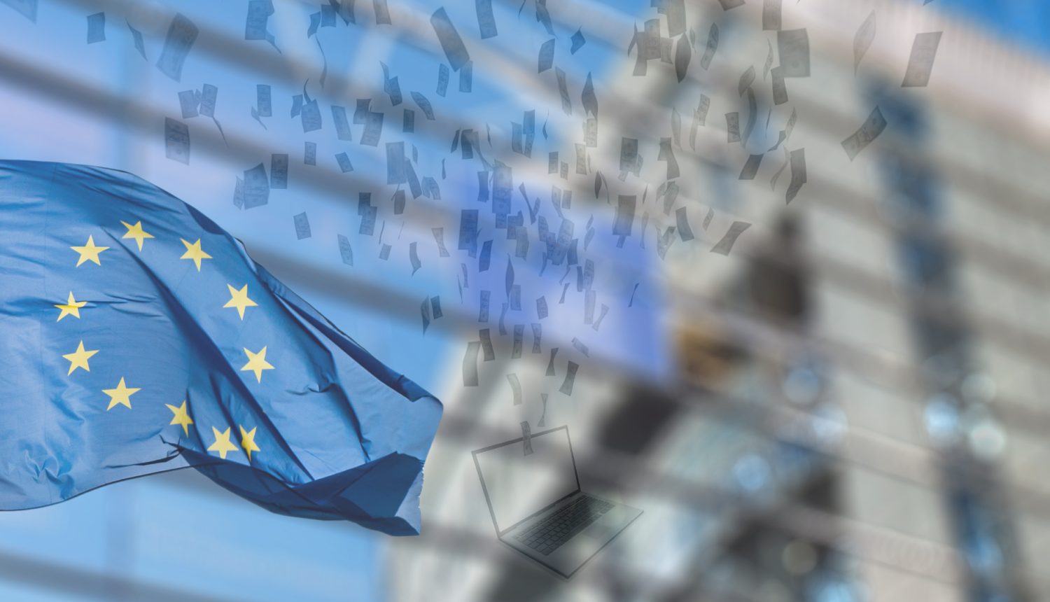 Eiropas Savienības karogs plīvo, fonā ir ēka