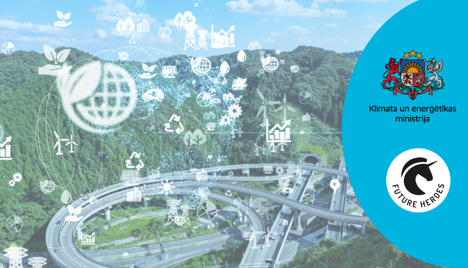 Vizuālis ar dažādiem elementiem, dabasskatu un ceļa konstrukciju