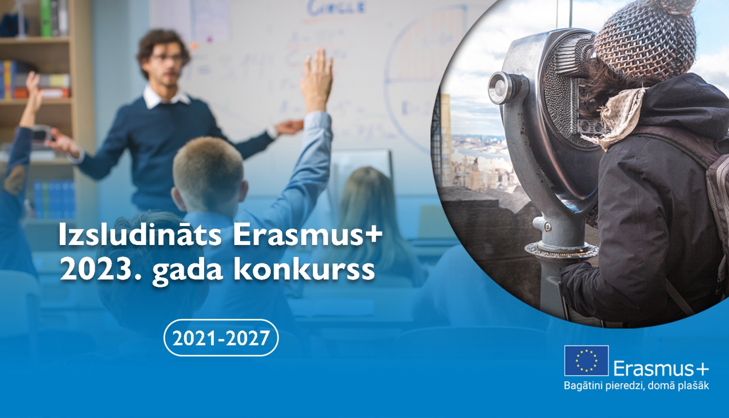 Erasmus+ 2023. gada konkursa izsludināšanas vizuālis