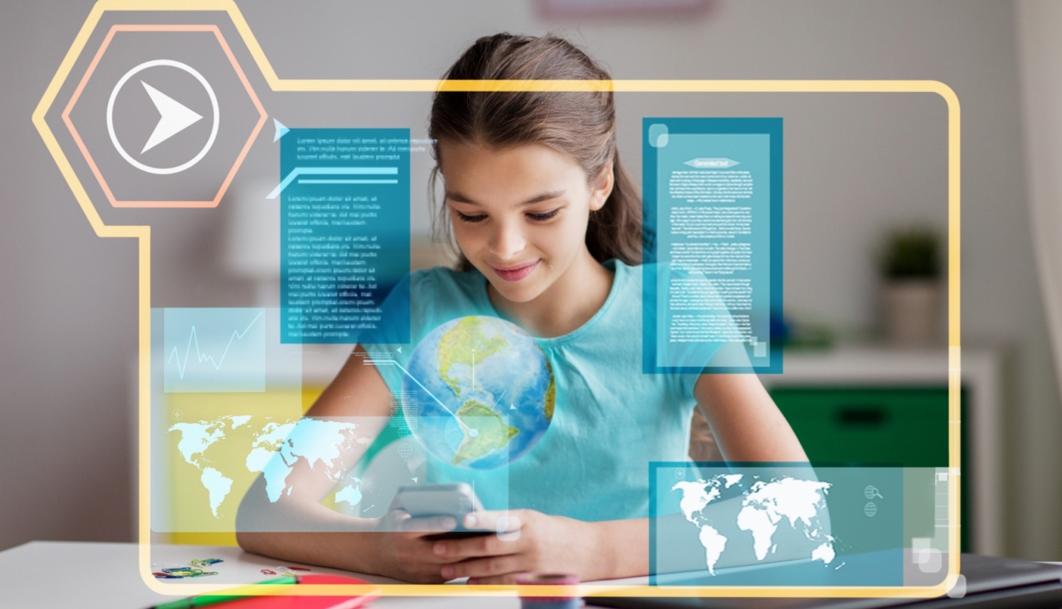 meitene skatās uz globusu apkārt ir digitālās pasaules kartes