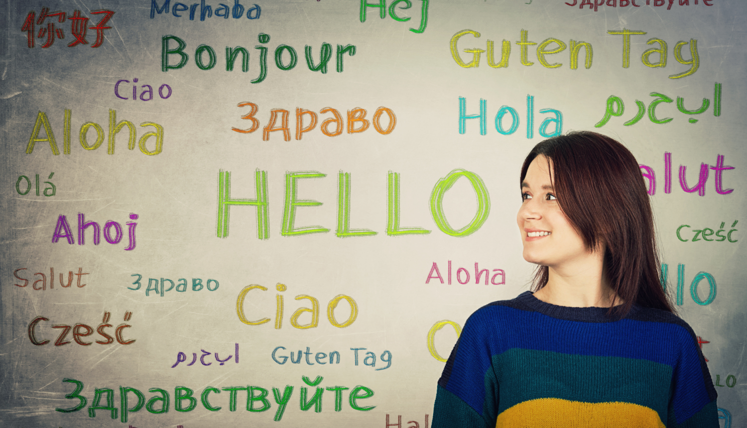 jauna sievieta stāv ar muguru pret sienu ar dažādās valodās rakstītu sasveicināšanos