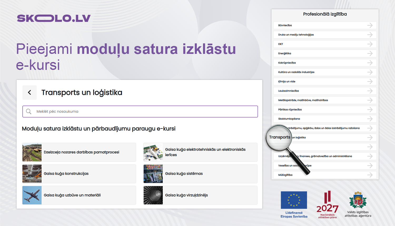 Skolo.lv pieejami moduļu satura izklāstu e-kursi, Profesionālās izglītības sadaļas skolo.lv 