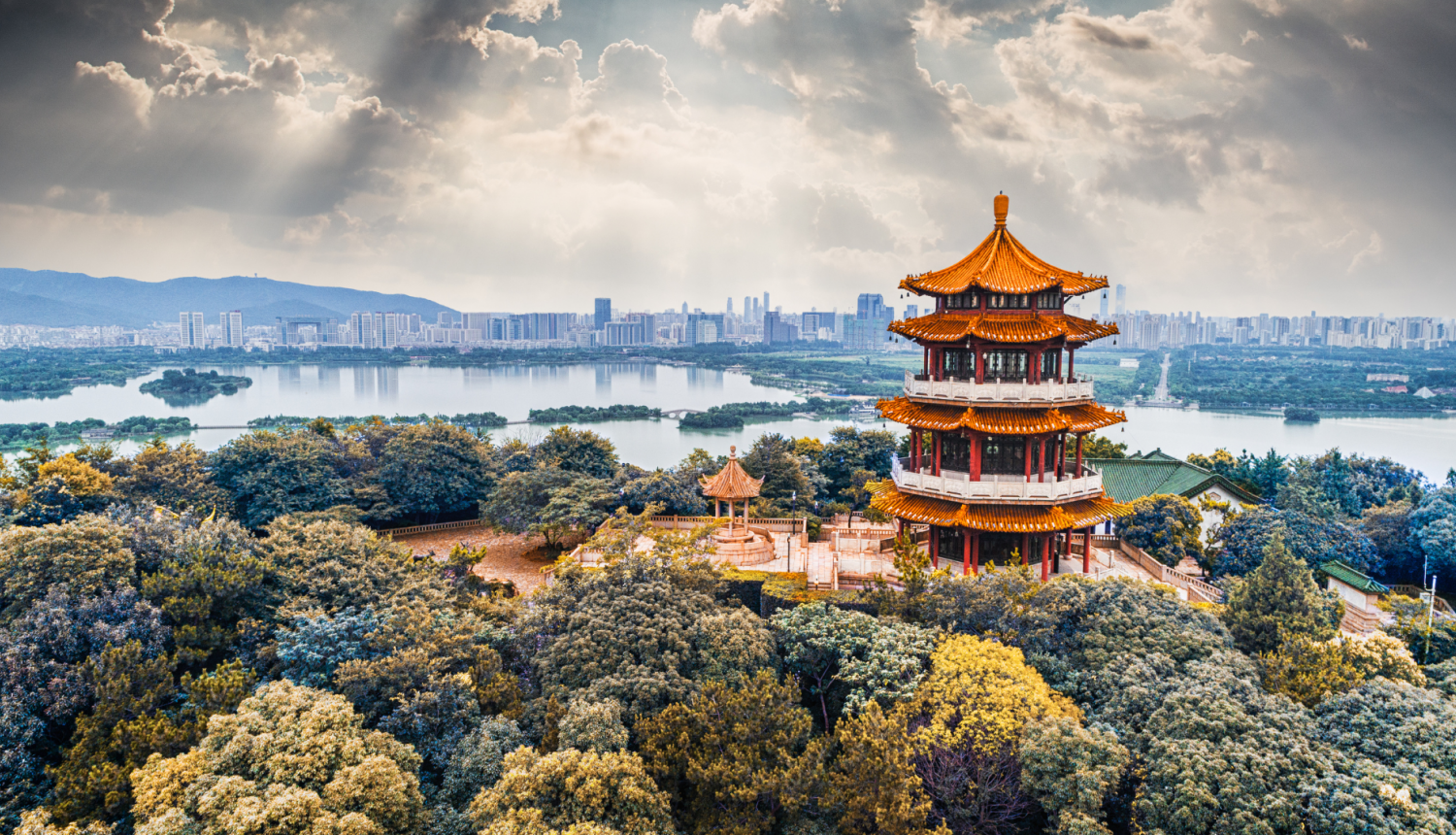 Ķīnas attēls ar torni un dabu